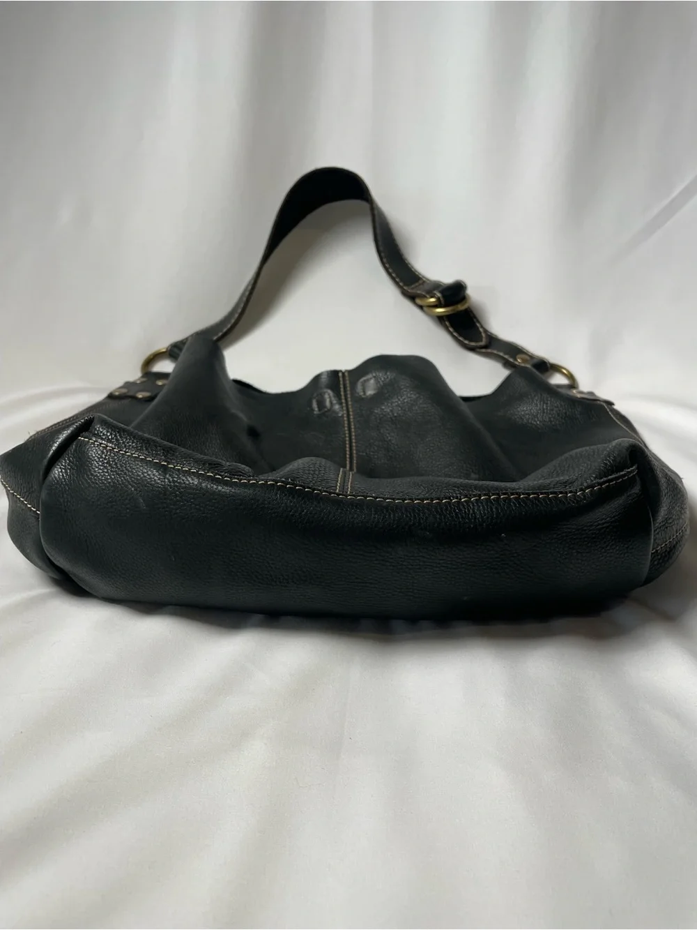 Bag Lucky Brand Black Pebbled Leather Hobo Bag Brass Hardware Boho Chic